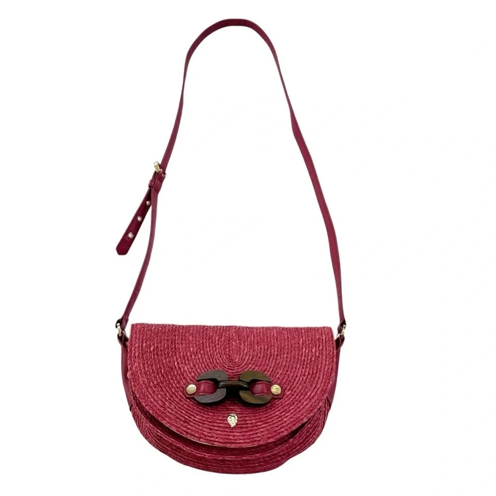 Helen Kaminski Raffia and Leather Shoulder Bag Raspberry
